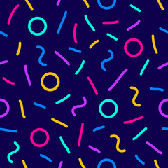 Confetti seamless vector pattern. Geometric kid style background with different geometric shapes. Memphis seamless confetti pattern. Bright and colorful, 90s style. Vector background