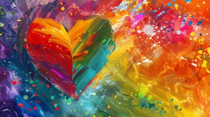 Abstract art painting featuring a colorful heart created with vibrant brushstrokes and splattered paint