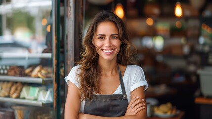 A cheerful woman in an apron standing proudly outside her bakery shop, radiating warmth and friendly service, surrounded by an inviting ambiance of baked goods.