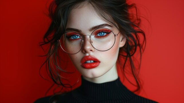 A close-up of an elegant black-haired model with blue eyes, vibrant make-up and red lips, wearing large black glasses posing in front of a red background. Fashion make-up style photo shoot. - Powered by Adobe