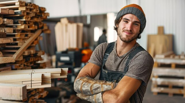 A content man wearing work attire, including a beanie and overalls, standing in his woodworking shop, surrounded by timber and tools, emphasizing craftsmanship and labor.