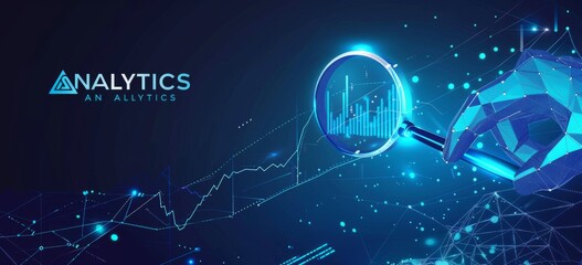 Digital analytics concept with low poly magnifying glass and data visualization on a blue background