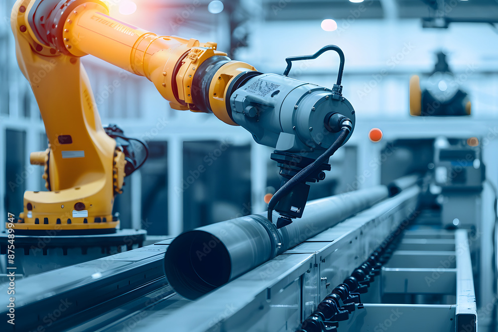 Wall mural cnc ai robot arm with gripper in factory, robotics hand moving pipes along conveyor belt