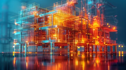 Fototapeta premium Artwork depicting the scaffolding and structure of a building under construction. The use of red and blue tones gives the image an ethereal and modern feel