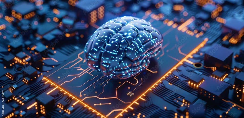 Poster digital brain with ai chip on circuit board representing artificial intelligence and technology