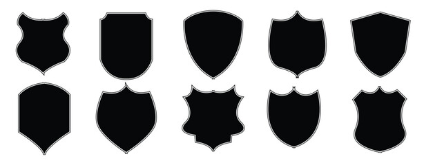 Shields set. Collection of security shield icons with contours and linear signs. Design elements for concept of safety and protection on white background in eps 10.