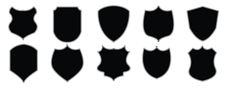 Shields set. Collection of security shield icons with contours and linear signs. Design elements for concept of safety and protection on white background in eps 10.