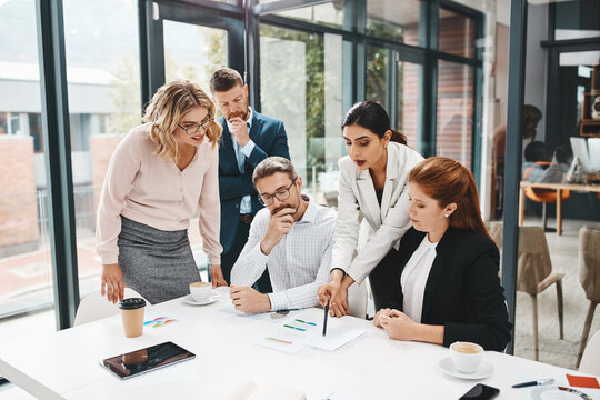 Business, employees and office with documents for strategy with teamwork and collaboration for company growth. Boardroom, people and project managers with report, feedback and results for progress - Powered by Adobe