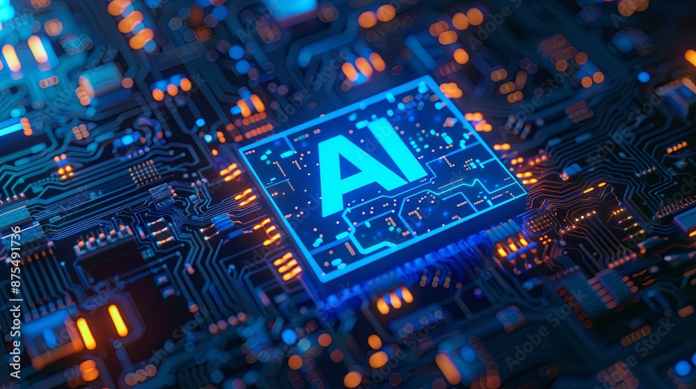 Poster glowing ai text on circuit board