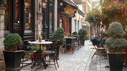 Sidewalk cafe scene featuring tables and chairs adorned with green plants and illuminated by vintage street lamps, set on a cobblestone street with an inviting atmosphere.