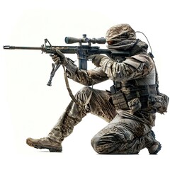 Military_sniper_in_camouflage_uniform_aiming_a_rifle_white_isolated_background