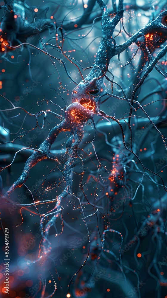 Poster detailed look at the internal network of nerves with fairy lights and volumetric rays