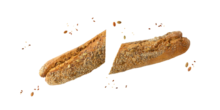 Sliced fresh baked multi grain baguette with poppy, sunflower, pumpkin, sesame and flax seeds isolated on white background