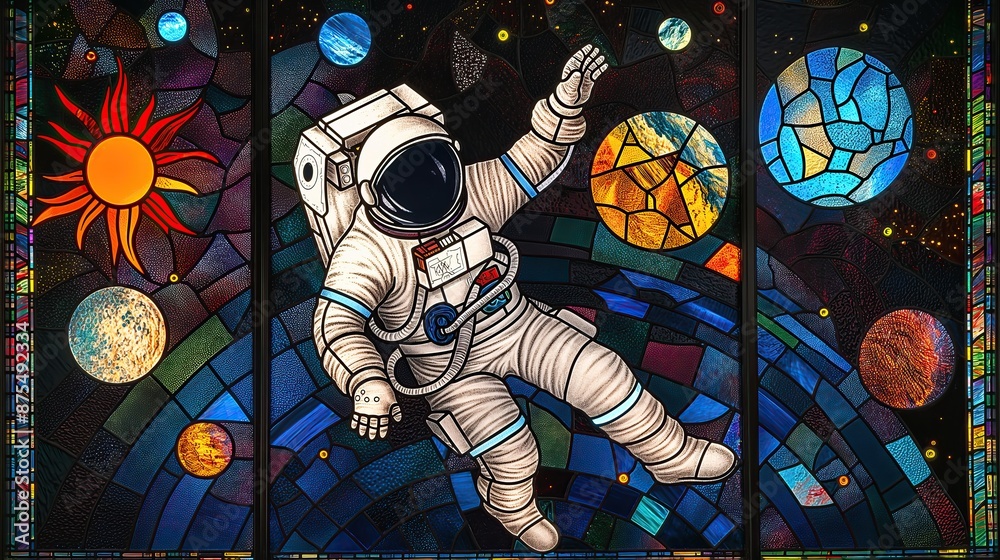 Wall mural abstract stained glass window with astronaut floating in space among planets and stars