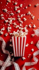 A red and white popcorn box with popcorn flying on a red background. Popcorn box with film tape in cinematic concept.