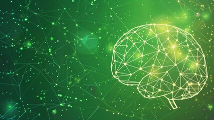 Conceptual illustration featuring the human brain made of triangles, lines, and dots on a green tech background, symbolizing AI, modern biotechnology, and HUD interface.