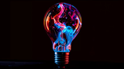 a colorful glowing idea bulb lamp Inside the transparent bulb, striking hues of blue and red intertwine in a dynamic, fluid-like manner, creating an enchanting visual effect