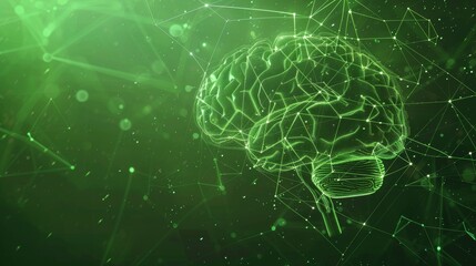Conceptual illustration featuring the human brain made of triangles, lines, and dots on a green tech background, symbolizing AI, modern biotechnology, and HUD interface.