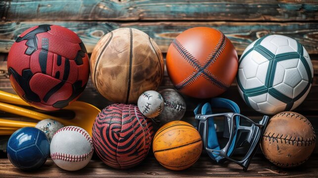 A collection of mixed sports balls such as soccer, basketball, and baseball along with other sports equipment, all placed together in a visually appealing manner on wooden surface.