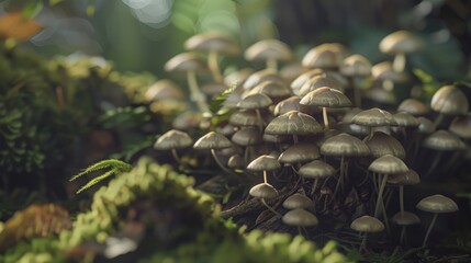 Detailed Mushroom Cluster in Woodland Setting AI Generated.