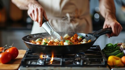A chef is cooking an assortment of vegetables in a pan over a gas stove, with steam rising and an array of fresh ingredients like tomatoes and zucchini on the counter.