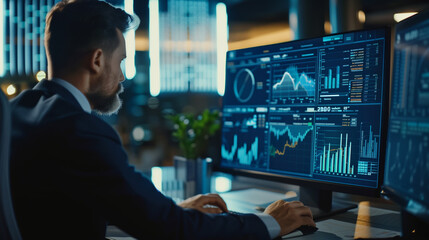 A man in a suit is intently working on a computer with the screen displaying complex data and charts