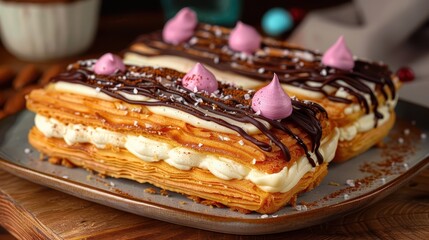 Two exquisite eclairs are decorated with generous toppings of chocolate drizzle and pink meringue puffs, perfectly set on a plate, making an artistic and mouth-watering presentation.