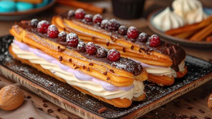 Two beautifully adorned pastries are topped with luscious cream and fresh raspberries, arranged on an elegant plate, presenting a refined and tasty dessert option.