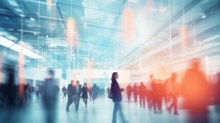 Background of an expo or convention with blurred individuals in an exposition hall. Concept image for a international exhibition, conference center, corporate marketing, or event fair