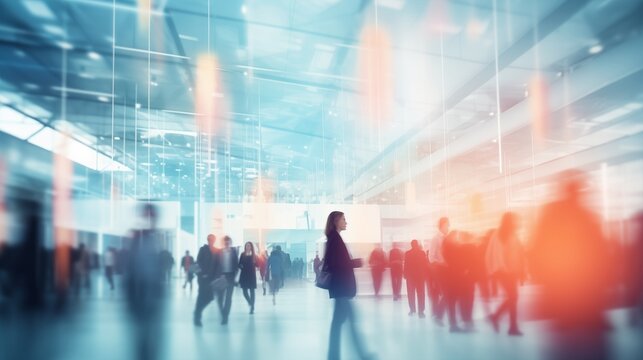 Background of an expo or convention with blurred individuals in an exposition hall. Concept image for a international exhibition, conference center, corporate marketing, or event fair