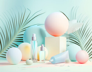Fototapeta premium An abstract composition of pastel-colored spheres, oversized palm leaves, geometric shapes, and perfume tubes on an isolated background, perfect for advertising beauty products or fashion accessories