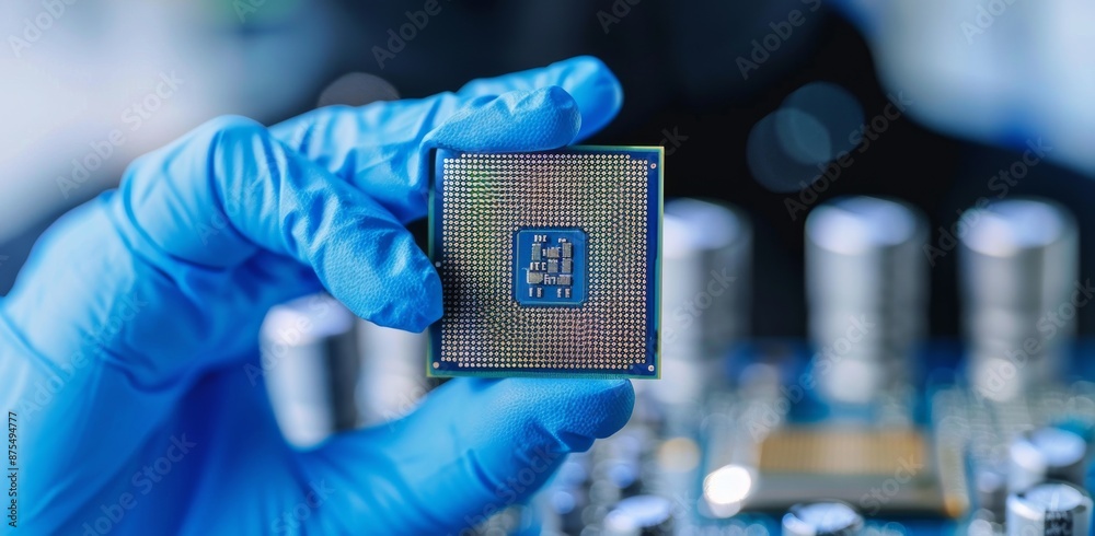 Poster close-up of a technician holding a computer processor inside a laboratory setting