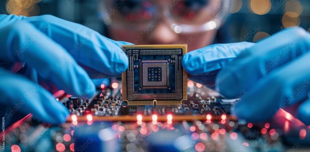 Poster close-up of scientist installing microchip on circuit board in laboratory, showcasing precision tech