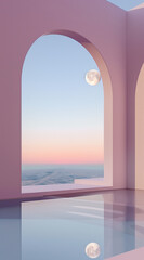 A minimalist architecture featuring an arched window against a backdrop of pink pastel tones, with a serene water pool reflecting the moon in the sky.