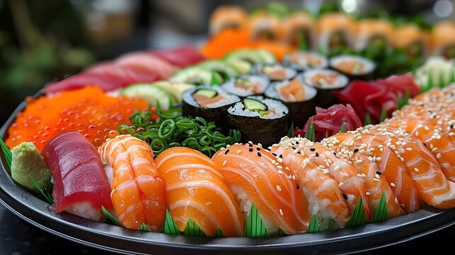 A tray of assorted sushi is displayed on a table, generative AI