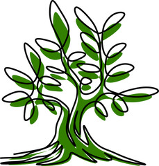 Illustration of a tree with a black outline and green splash.