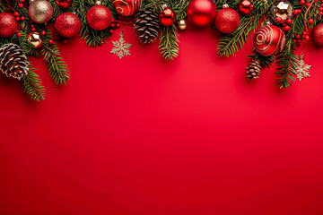 Christmas ornaments and pine branches on red background