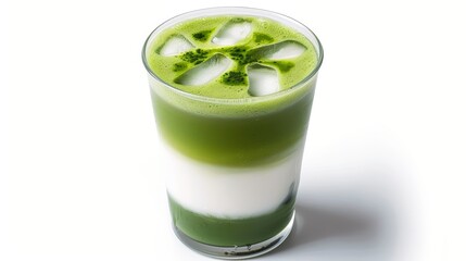 Iced matcha latte in a glass, layers of green tea and milk, isolated on white background