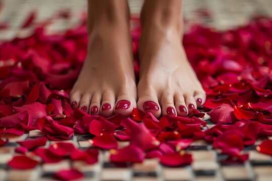 Pedicure in a deep red color