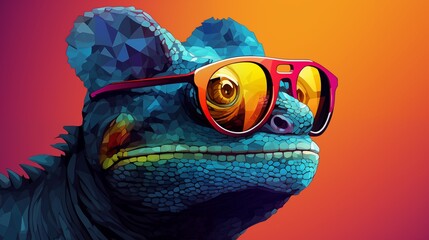 chameleon wearing sunglasses on a solid color background, vector art, digital art, faceted, minimal, abstract, panorama background.