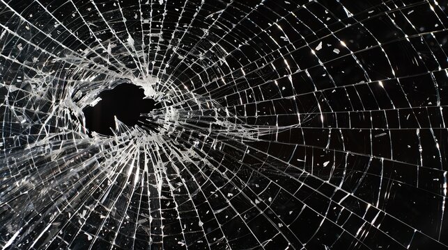 Broken glass on a dark background. After the impact, the glass surface has cracks diverging from the point of impact or bullet hit. The concept of destruction, vulnerability and fragility of existence