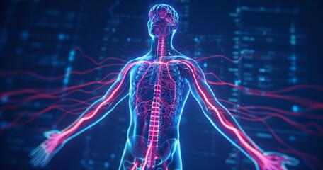 Digital illustration of human nervous system with illuminated pathways and circulatory system