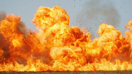 Massive Intense Explosion with Towering Flames and Thick Smoke Rising into Clear Sky