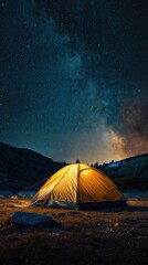 "Tent is Lit Up on the Field with Stars Above in the Sky"