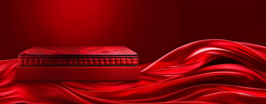 The best mattress on a luxurious, velvet background in deep red. Large copy space for text, deep depth of field, and no dust