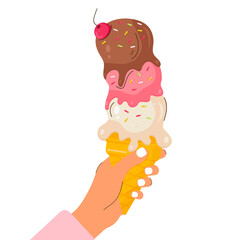 Hand holding colourful ice cream in a waffle cone with sprinkles and a cherry. Food concept for banner, card, menu, cafe. Isolated on white background. Vector illustration