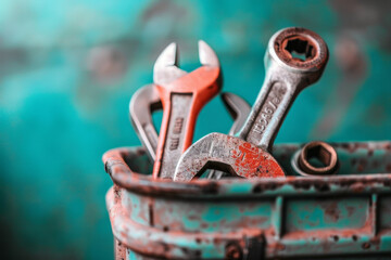 Toolbox with wrench on stone background.	  