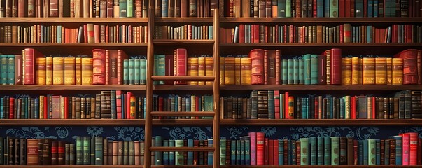 Minimalist library wall featuring colorful books, a wooden ladder, and intricate background.