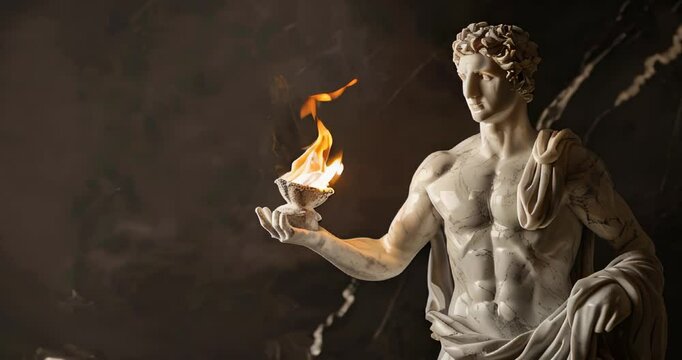 Marble Apollo statue holding Olympic flame in slow motion against dark background