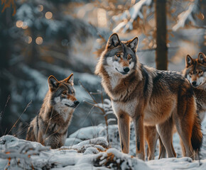 Obraz premium Three Wolves Standing in a Snowy Winter Forest